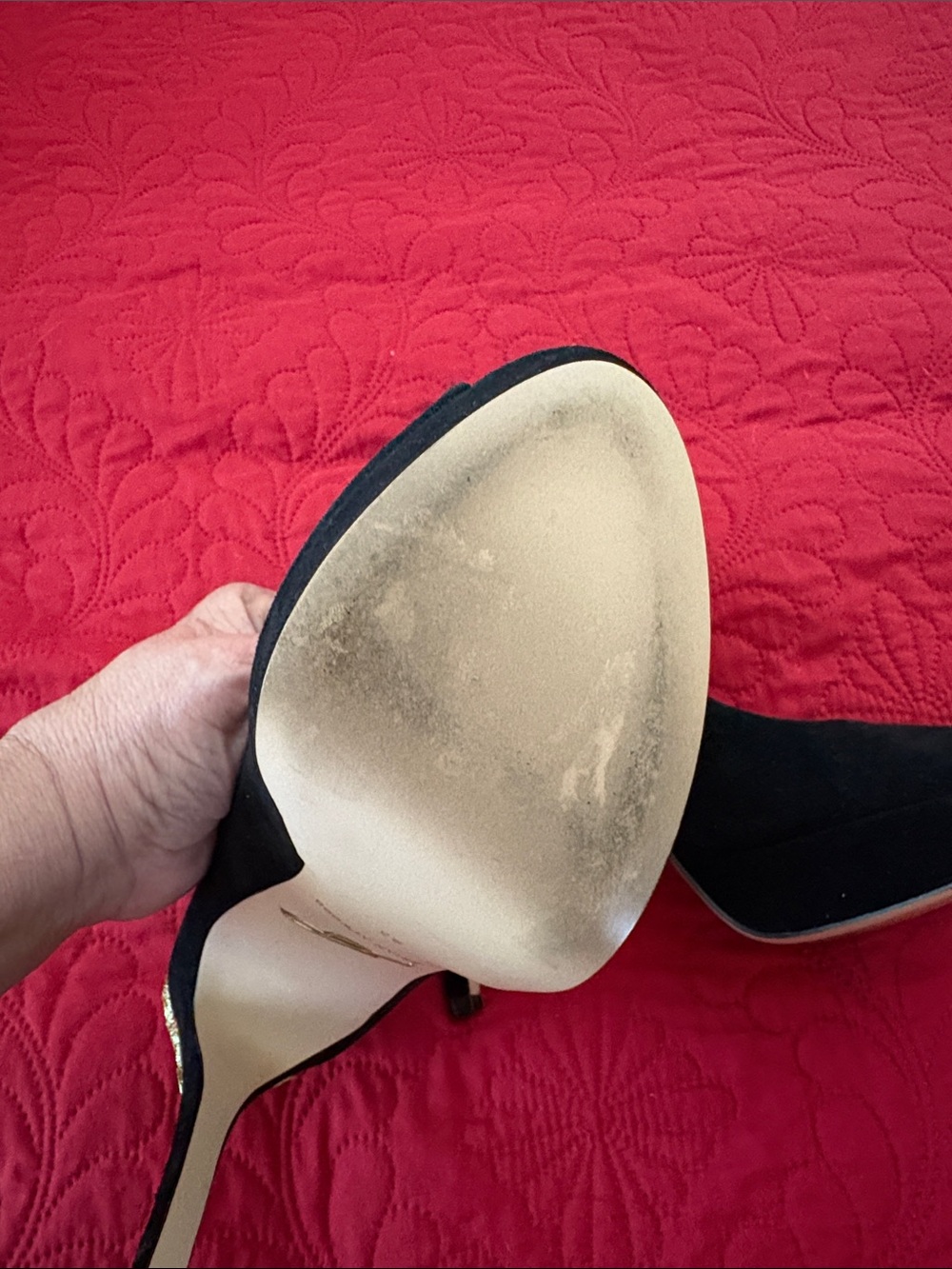 Brian Atwood Black Suede Peep-Toe Heels with Gold Embellishment - Picture 4 of 5